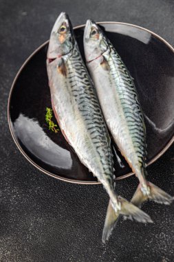 Uskumru balığı. Çiğ deniz ürünleri. Masanın üzerinde taze yiyecek.
