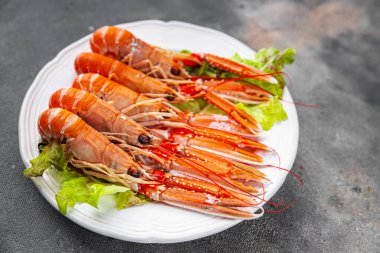 Langoustine deniz ürünleri karidesleri masada taze yemek atıştırmalıkları fotokopi uzay yiyecekleri arka plan kırsal manzarası