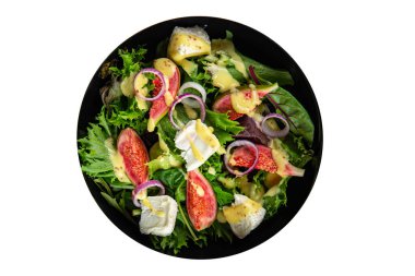 İncir salatası yeşil marul, incir, yumuşak peynir taze yemek aperatifi masa üzerinde fotokopi uzay yemeği arka plan kırsal üst görüş keto veya paleo diyet vejetaryen gıda