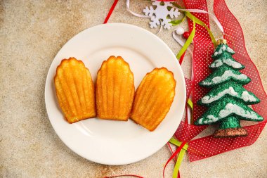 tatlı kurabiye Madeleine, bisküvi tatlı Noel lezzetli Noel ziyafeti taze lezzetli gurme yemek arkaplanı masa kırsal yemek üst görünüm fotokopi alanı