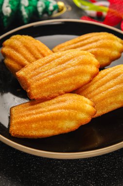 tatlı kurabiye Madeleine, bisküvi tatlı Noel lezzetli Noel ziyafeti taze lezzetli gurme yemek arkaplanı masa kırsal yemek üst görünüm fotokopi alanı