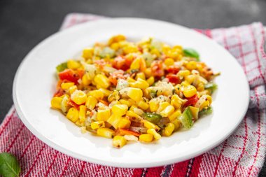 Mısır salatası, lezzetli yemek, ikinci yemek, taze lezzetli gurme, yemek, masa üstü yemek, fotokopi alanı, üst görüş, üst görüş, keto, paleo diyet vejetaryen ve vejetaryen yemekleri.