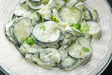 Salatalık salatası taze krema lezzetli yemek lezzetli gurme yemek arka planda sofrada yemek üst görünümde fotokopi alanı keto ve paleo diyet vejetaryen ve vejetaryen yemekleri