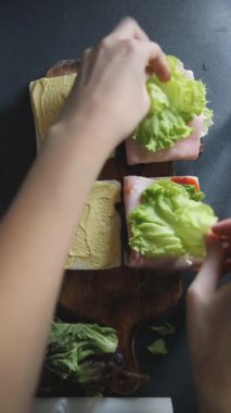 Sandviç jambonlu sebze ve et spam taze yemek atıştırmalığı. Fotokopi masasında. Arka plan yiyecek kırsal manzarası.