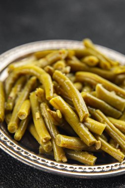 Yeşil fasülye yemeği lezzetli taze gurme yemek arkaplan masa üzerinde rustik üst görünüm fotokopi alanı üst görünüm 