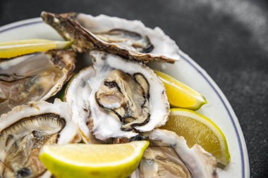 İstiridye taze deniz ürünleri lezzetli yemek gurme yemek arka planı masaya rustik gıda üst görünüm fotokopi alanı üst görünüm kötümserlik diyeti