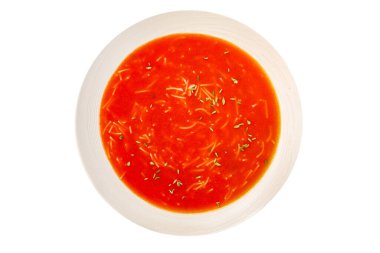Vermicelli gazpacho ile domates çorbası ilk tabak taze lezzetli gurme yemek arkaplanı masanın üzerinde rustik yemekler fotokopi alanı keto ve paleo diyet vejetaryen ve vejetaryen yemekleri