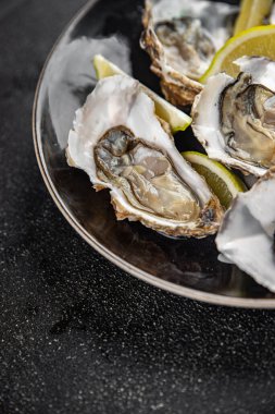 İstiridye taze deniz ürünleri lezzetli yemek taze lezzetli gurme yemek arka planı masa rustik gıda üst görünüm fotokopi alanı pezetarizm diyeti