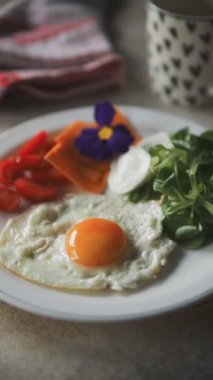 Kızarmış yumurta sarısı ve protein, domates, peynir, hazır kahvaltı taze lezzetli yemek gurmesi masanın üzerinde rustik yiyecekler üst görünüm boşluğu 