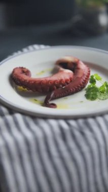 Ahtapot besinli ahtapot ahtapot taze lezzetli yemek dokunaçları peskatarizm lezzetli gurme yemek arkaplanı masa rustik gıdalar üst görünüm fotokopi alanı keto ve paleo diyeti