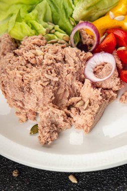 Ton balığı salatası taze sebzeler ve deniz ürünleri taze lezzetli yemekler lezzetli gurme yemek masanın üstünde yemek üst görünüm fotokopi alanı keto ve paleo diyet vejetaryen vejetaryen ve pejeteryan diyeti