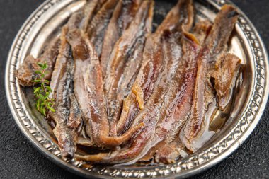 Ançüezli fileto balığı, deniz ürünleri aperatifler, lezzetli yemekler, lezzetli gurme yemek arka planı, masa sade yiyecekler, fotokopi alanı, pezeteryan diyeti.