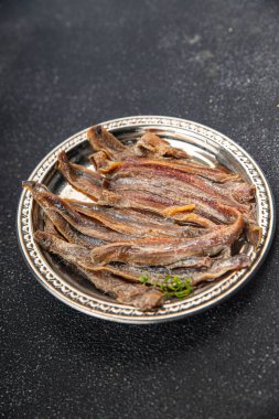 Ançüezli fileto balığı, deniz ürünleri aperatifler, lezzetli yemekler, lezzetli gurme yemek arka planı, masa sade yiyecekler, fotokopi alanı, pezeteryan diyeti.