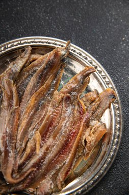 Ançüezli fileto balığı, deniz ürünleri aperatifler, lezzetli yemekler, lezzetli gurme yemek arka planı, masa sade yiyecekler, fotokopi alanı, pezeteryan diyeti.