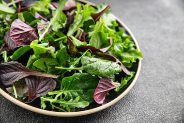 Sağlıklı salata yaprakları karışık salata sulu çerez sebzeler, roka, marul, meşe yaprağı, yeşil yaprak salatası taze yemek arkaplanı masadaki kırsal yiyecekler üst görünüm vejetaryen ve vejetaryen