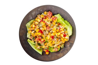 Mısır salatası, sebzeler, lezzetli yemekler, gurme yemekler, masa üstü yemekler, fotokopi odası keto, paleo diyet vejetaryen ve vejetaryen yemekleri.