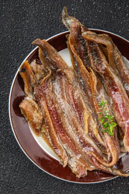 Ançüezli fileto balığı, deniz ürünleri aperatifler, lezzetli yemekler, lezzetli gurme yemek arka planı, masa sade yiyecekler, fotokopi alanı, pezeteryan diyeti.