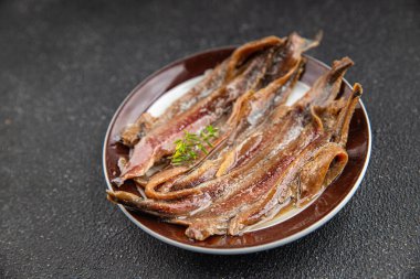 Ançüezli fileto balığı, deniz ürünleri aperatifler, lezzetli yemekler, lezzetli gurme yemek arka planı, masa sade yiyecekler, fotokopi alanı, pezeteryan diyeti.