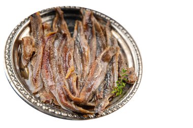 Ançüezli fileto balığı, deniz ürünleri aperatifler, lezzetli yemekler, lezzetli gurme yemek arka planı, masa sade yiyecekler, fotokopi alanı, pezeteryan diyeti.