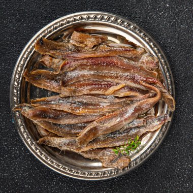 Ançüezli fileto balığı, deniz ürünleri aperatifler, lezzetli yemekler, lezzetli gurme yemek arka planı, masa sade yiyecekler, fotokopi alanı, pezeteryan diyeti.