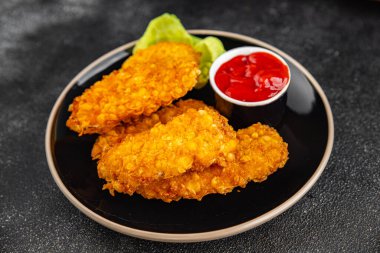 Tavuk nugget bol kızarmış ekmek tabağı taze gurme yemek arkaplanı masa üzerinde rustik gıda üst görünüm fotokopi alanı