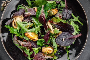 Yapraklı salata ve deniz ürünleri taze lezzetli yemek arkaplanı masanın üstünde lezzetli gurme yemek üst görünüm fotokopi alanı keto ve paleo diyet vejetaryen diyeti