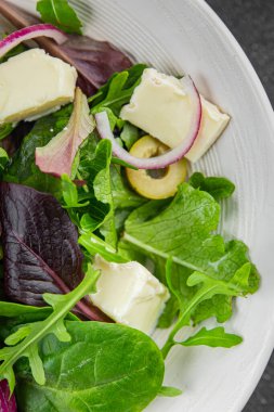 Zeytinli, peynirli ve yeşil yapraklı salata masadaki lezzetli gurme yemek arkaplanı rustik yemekler fotokopi alanı keto ve paleo diyet vejetaryen yemekleri.