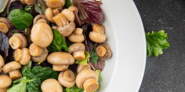 Şampiyon salatası yeşil marul konserve mantar taze gurme yemek arkaplan masa üzerinde rustik gıda üst görünüm fotokopi uzay keto ve paleo diyet vejetaryen ve vegan gıda