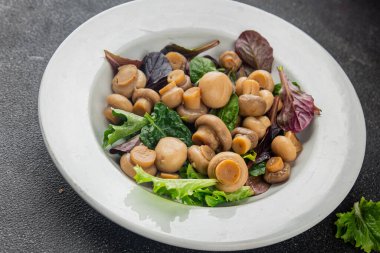 Şampiyon salatası yeşil marul konserve mantar taze gurme yemek arkaplan masa üzerinde rustik gıda üst görünüm fotokopi uzay keto ve paleo diyet vejetaryen ve vegan gıda