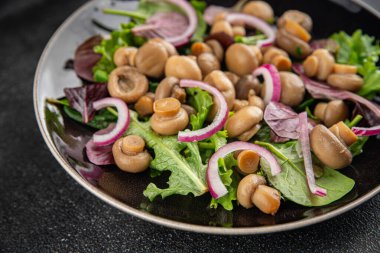 Şampiyon salatası yeşil marul konserve mantar taze gurme yemek arkaplan masa üzerinde rustik gıda üst görünüm fotokopi uzay keto ve paleo diyet vejetaryen ve vegan gıda