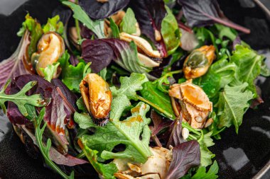 Yapraklı salata ve deniz ürünleri taze lezzetli yemek arkaplanı masanın üstünde lezzetli gurme yemek üst görünüm fotokopi alanı keto ve paleo diyet vejetaryen diyeti
