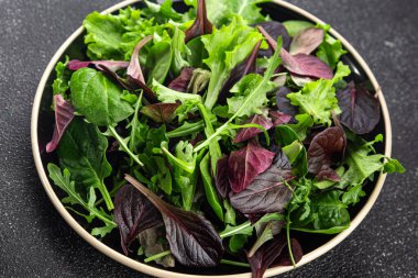 Sağlıklı salata yaprakları karışık salata sulu çerez sebzeler, roka, marul, meşe yaprağı, yeşil yaprak salatası taze yemek arkaplanı masadaki kırsal yiyecekler üst görünüm vejetaryen ve vejetaryen