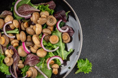 Şampiyon salatası yeşil marul konserve mantar taze gurme yemek arkaplan masa üzerinde rustik gıda üst görünüm fotokopi uzay keto ve paleo diyet vejetaryen ve vegan gıda