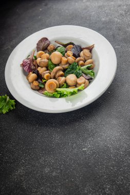 Şampiyon salatası yeşil marul konserve mantar taze gurme yemek arkaplan masa üzerinde rustik gıda üst görünüm fotokopi uzay keto ve paleo diyet vejetaryen ve vegan gıda