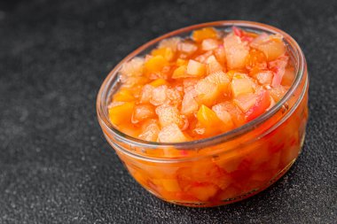 Şuruplu meyveler organik meyve ve meyveler tatlı tatlı lezzetli lezzetli gurme yemek arkaplanı masadaki rustik yiyecekler üst manzara fotokopi alanı