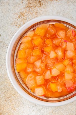 Şuruplu meyveler organik meyve ve meyveler tatlı tatlı lezzetli lezzetli gurme yemek arkaplanı masadaki rustik yiyecekler üst manzara fotokopi alanı