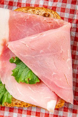 Sandviç lezzetli taze gurme yemek arka planda masa rustik gıda üst görünüm kopyalama alanı