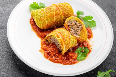 cabbage rolls cabbage stuffing meat tasty fresh delicious gourmet food background table rustic food top view copy space keto and paleo diet