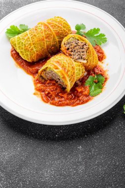 cabbage rolls cabbage stuffing meat tasty fresh delicious gourmet food background table rustic food top view copy space keto and paleo diet