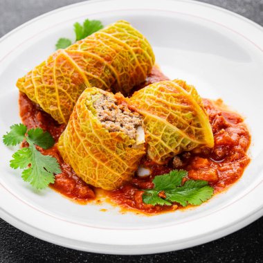 cabbage rolls cabbage stuffing meat tasty fresh delicious gourmet food background table rustic food top view copy space keto and paleo diet