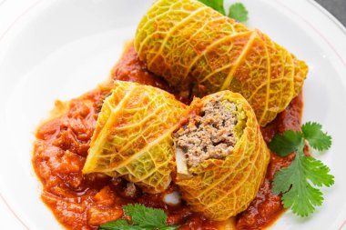 cabbage rolls cabbage stuffing meat tasty fresh delicious gourmet food background table rustic food top view copy space keto and paleo diet