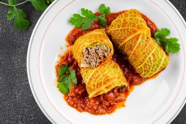 cabbage rolls cabbage stuffing meat tasty fresh delicious gourmet food background table rustic food top view copy space keto and paleo diet