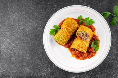 cabbage rolls cabbage stuffing meat tasty fresh delicious gourmet food background table rustic food top view copy space keto and paleo diet