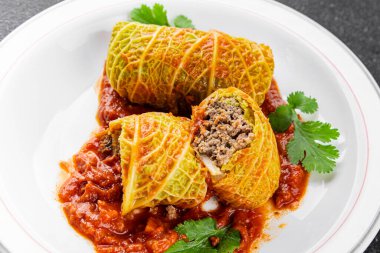 cabbage rolls cabbage stuffing meat tasty fresh delicious gourmet food background table rustic food top view copy space keto and paleo diet