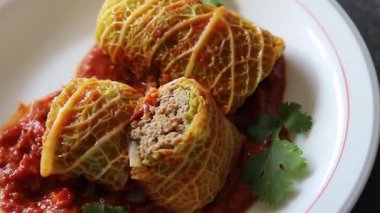 Cabbage rolls cabbage stuffing meat tasty fresh delicious gourmet food background table rustic food top view copy space keto and paleo diet