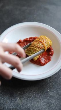 Cabbage rolls cabbage stuffing meat tasty fresh delicious gourmet food background table rustic food top view copy space keto and paleo diet