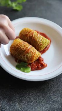 Cabbage rolls cabbage stuffing meat tasty fresh delicious gourmet food background table rustic food top view copy space keto and paleo diet