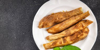 Baked eggplant vegetable cooking tasty fresh delicious gourmet food background table rustic food top view copy space keto and paleo diet vegetarian and vegan food