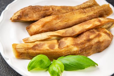 Baked eggplant vegetable cooking tasty fresh delicious gourmet food background table rustic food top view copy space keto and paleo diet vegetarian and vegan food