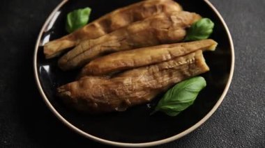 Baked eggplant vegetable cooking tasty fresh delicious gourmet food background table rustic food top view copy space keto and paleo diet vegetarian and vegan food